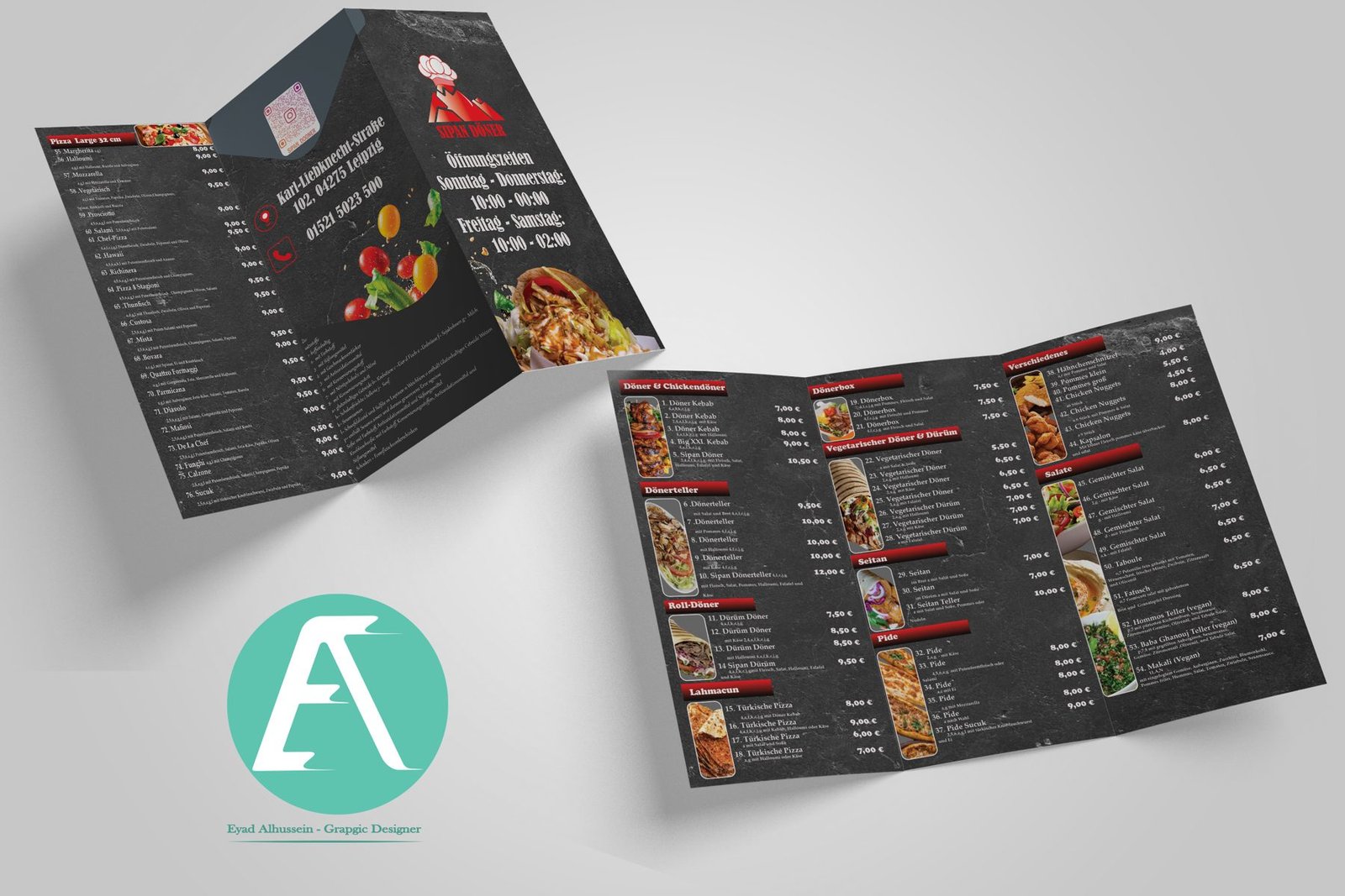 Dark trifold menu design for Sipan Döner